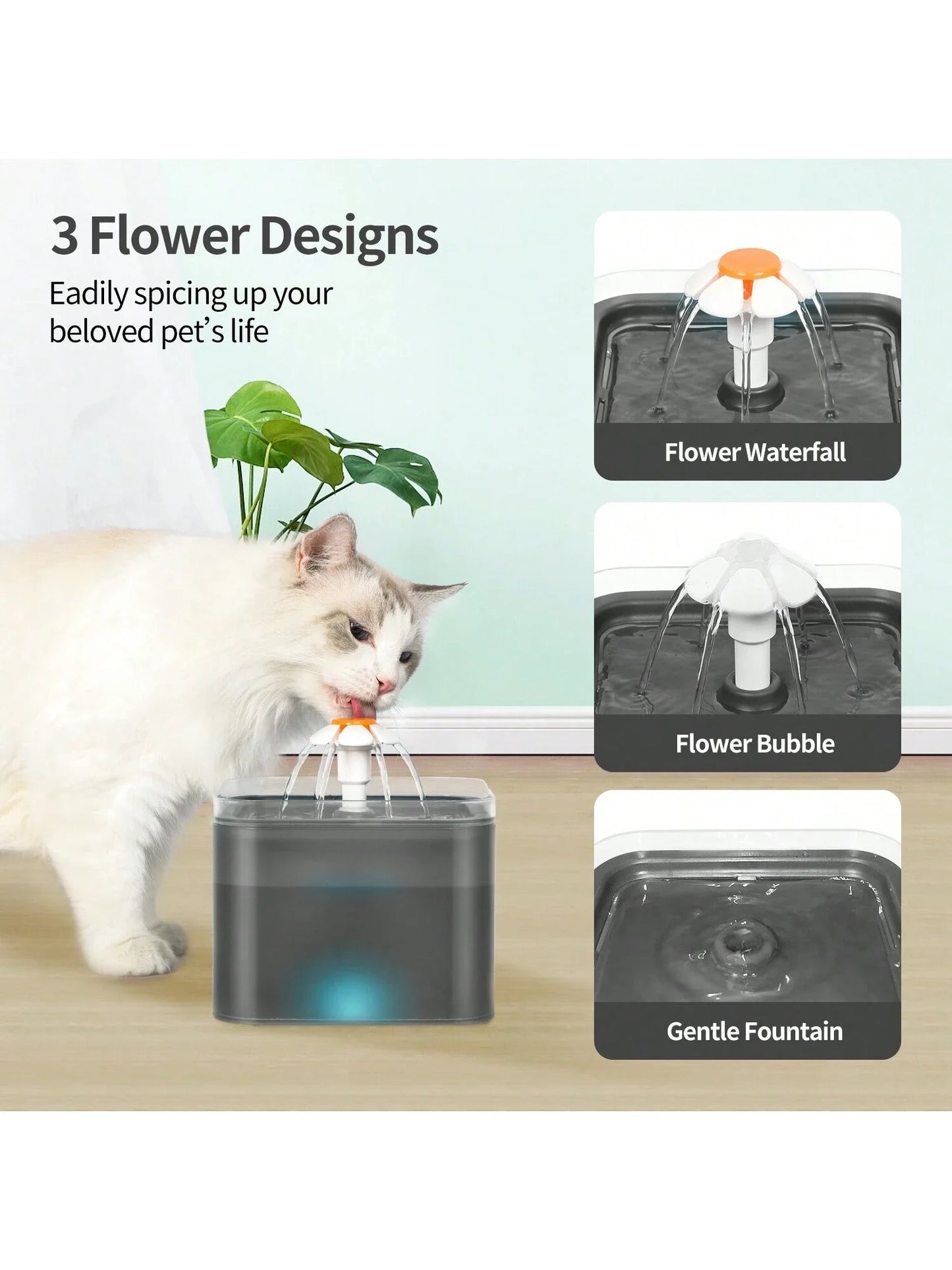 Fuente de agua para gatos LED ultra silenciosa de 2 l: filtrada, alimentada por USB, automática