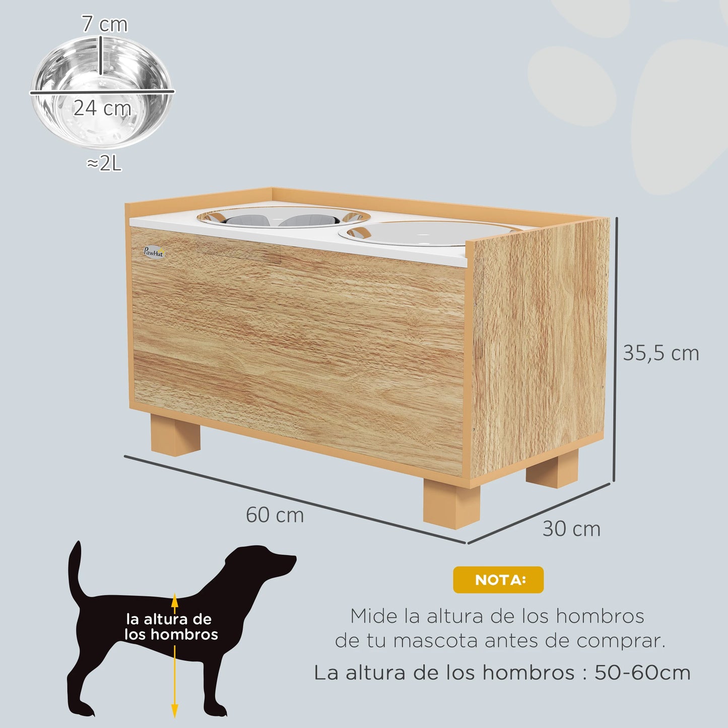 Comedero elevado para perros PawHut con comedero lento extraíble de roble