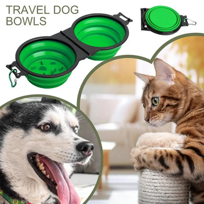 Comedero plegable para perros, comedero doble plegable para perros, comedero lento para mascotas con clips de bloqueo para caminar.