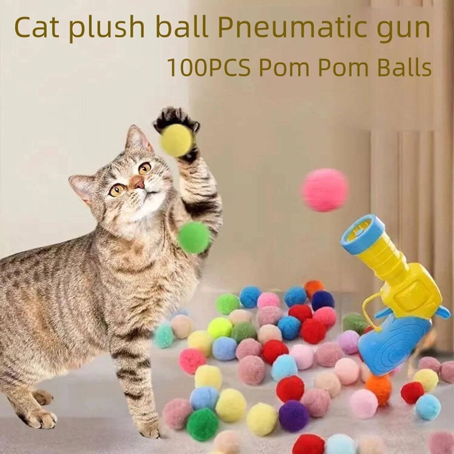 Emocionante e interactivo lanzador de juguetes de alta energía para gatos: atractiva ayuda de entrenamiento con 100 bolas de pompones para estimular el ejercicio del gato.