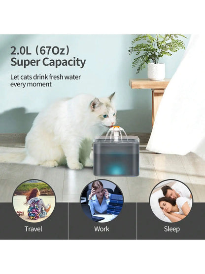 Fuente de agua para gatos LED ultra silenciosa de 2 l: filtrada, alimentada por USB, automática