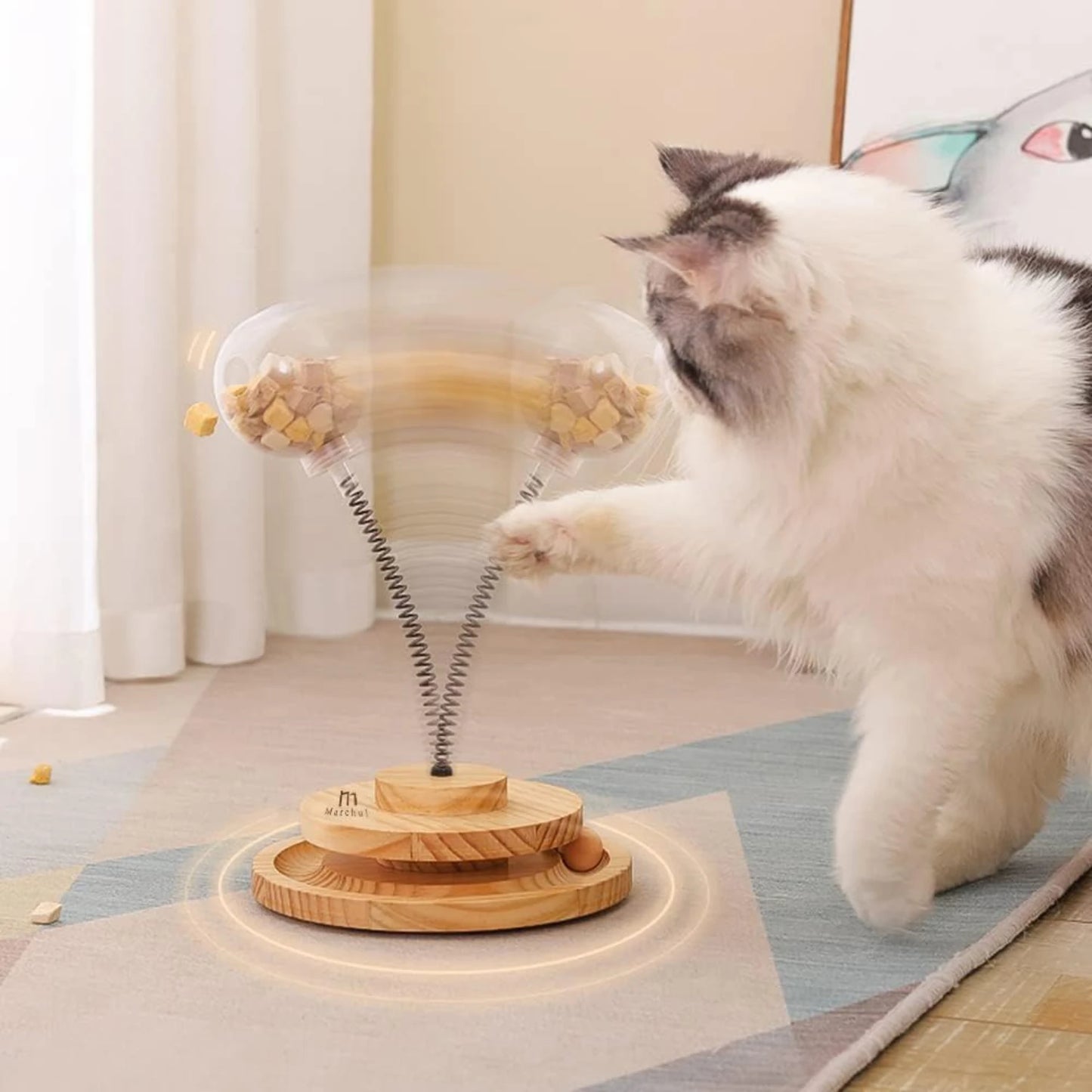 Juguete interactivo y atractivo para gatos con forma de bola con golosinas que gotea: divertido y estimulante, con pista de resorte de madera para mascotas, ideal para el desarrollo mental.