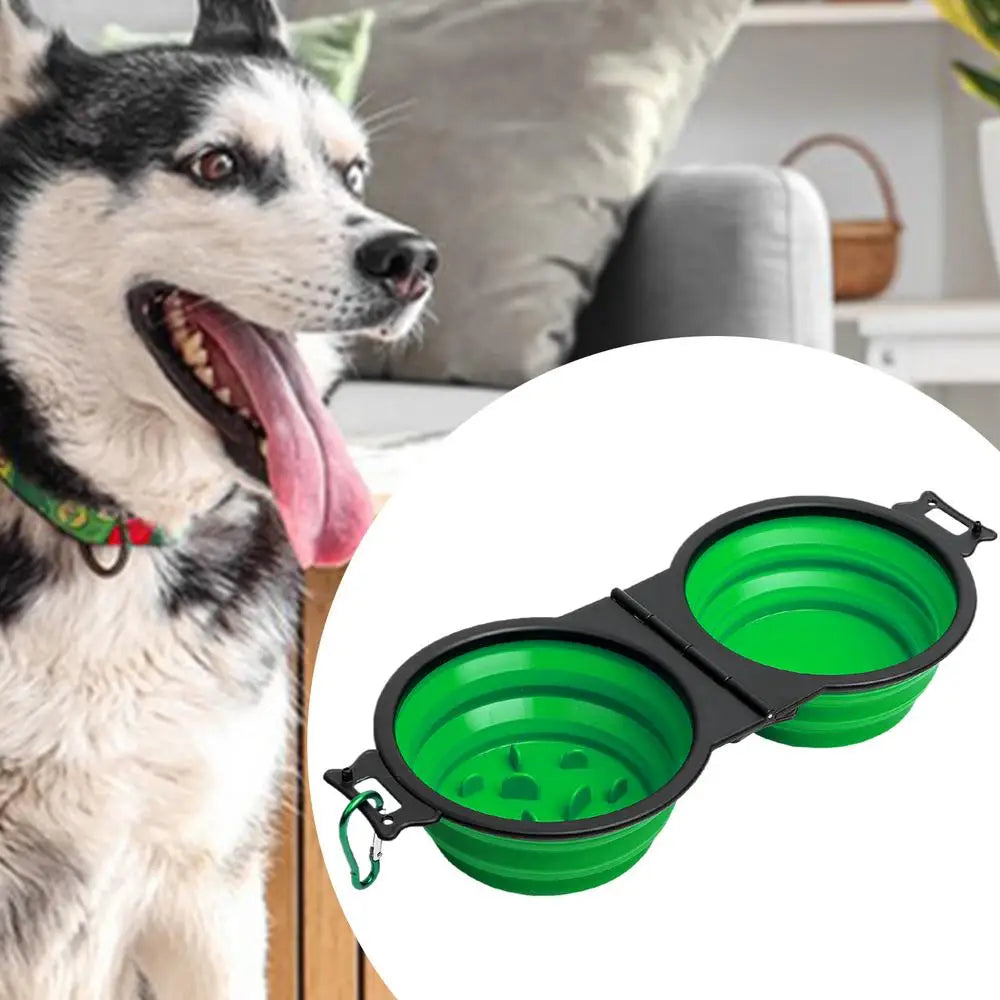 Comedero plegable para perros, comedero doble plegable para perros, comedero lento para mascotas con clips de bloqueo para caminar.