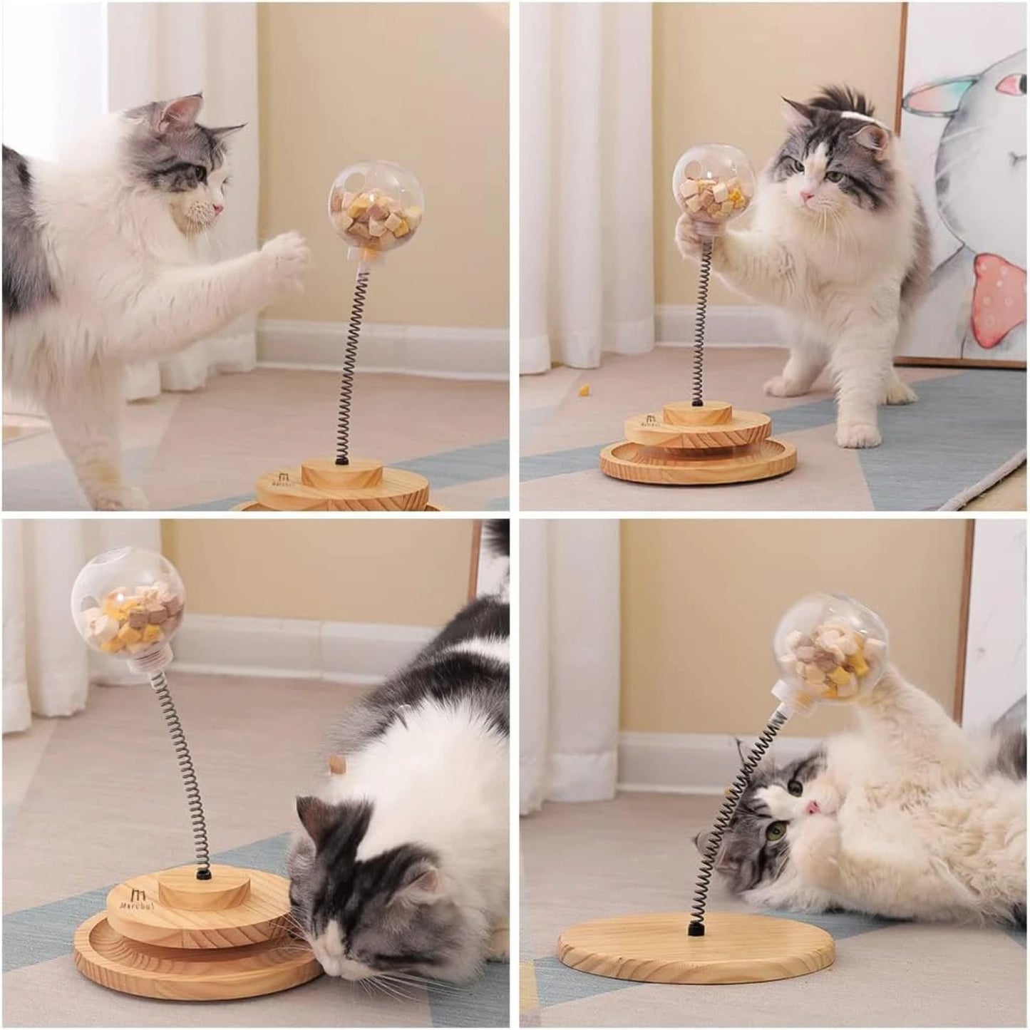 Juguete interactivo y atractivo para gatos con forma de bola con golosinas que gotea: divertido y estimulante, con pista de resorte de madera para mascotas, ideal para el desarrollo mental.