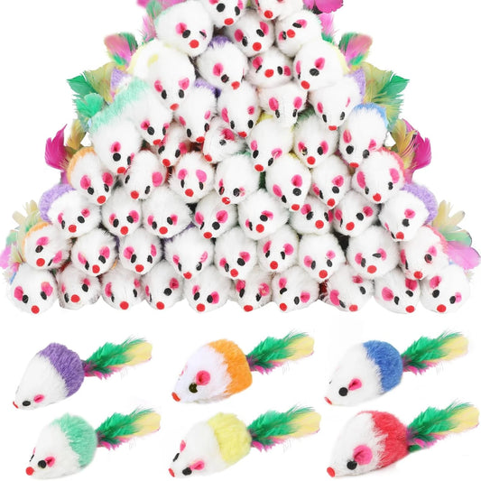 Juego de juguetes peludos surtidos de hierba gatera - Juguetes coloridos para ratones con colas de plumas para gatos y gatitos de interior - 60 piezas de sonajero interactivo P