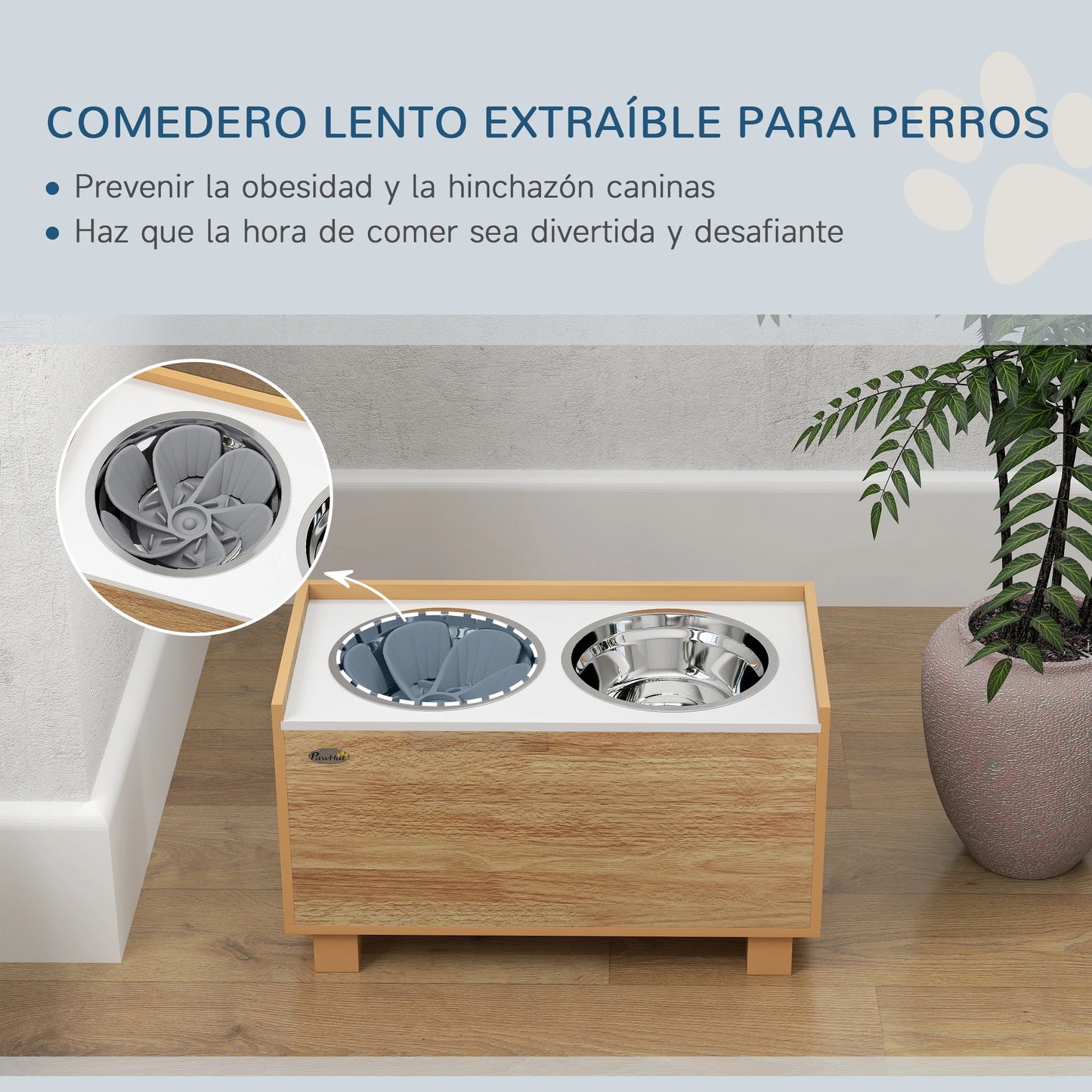 Comedero elevado para perros PawHut con comedero lento extraíble de roble