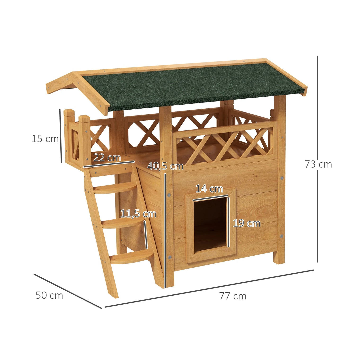 Casa para gatos de madera PawHut 77x50x73 cm con techo de asfalto Escalera natural