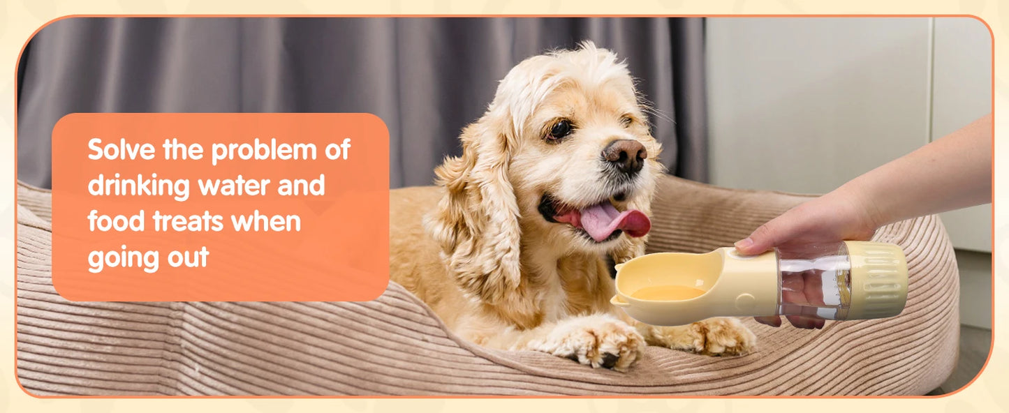 Botella de agua PET de 250 ml, bebedero portátil para perros con recipiente para comida de 180 g. Logrado