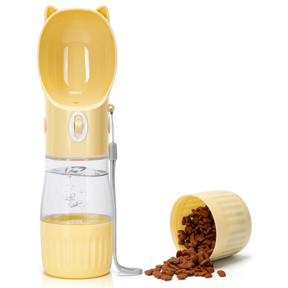 Botella de agua PET de 250 ml, bebedero portátil para perros con recipiente para comida de 180 g. Logrado