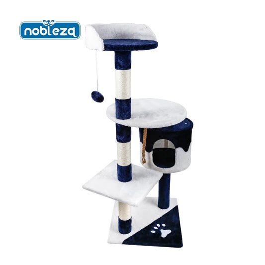 Rascador para gatos. Medidas: 60 x 56,5 x 111,5 cm. Color: blanco y azul.