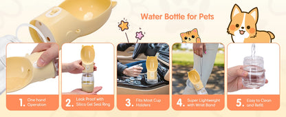 Botella de agua PET de 250 ml, bebedero portátil para perros con recipiente para comida de 180 g. Logrado