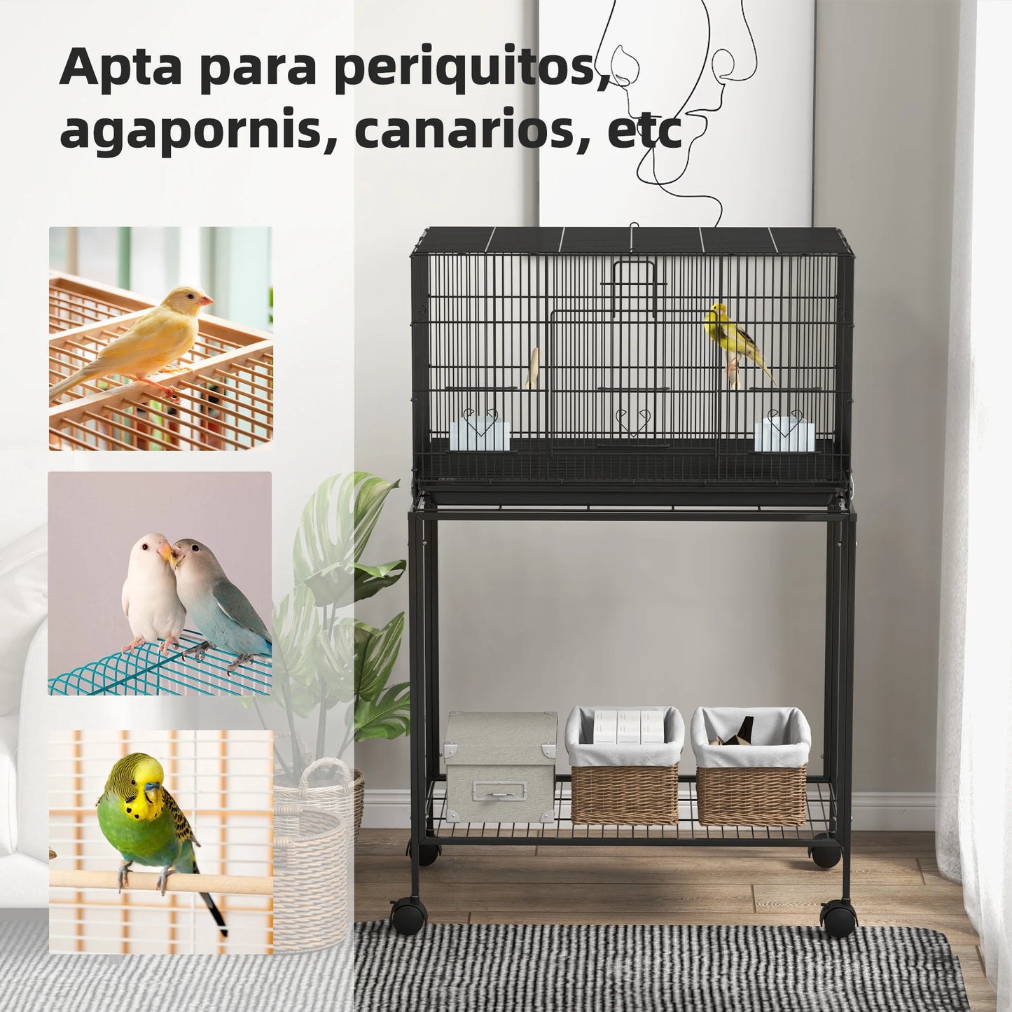 PawHut Birdcage metal bird cage with removable tray 2 hangers 2 feeders for Black Canary parakeets
