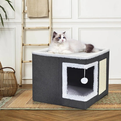 Cama para gatos de interior, caseta grande cubierta con rascador, cueva plegable y cubo escondite con cojín reversible.