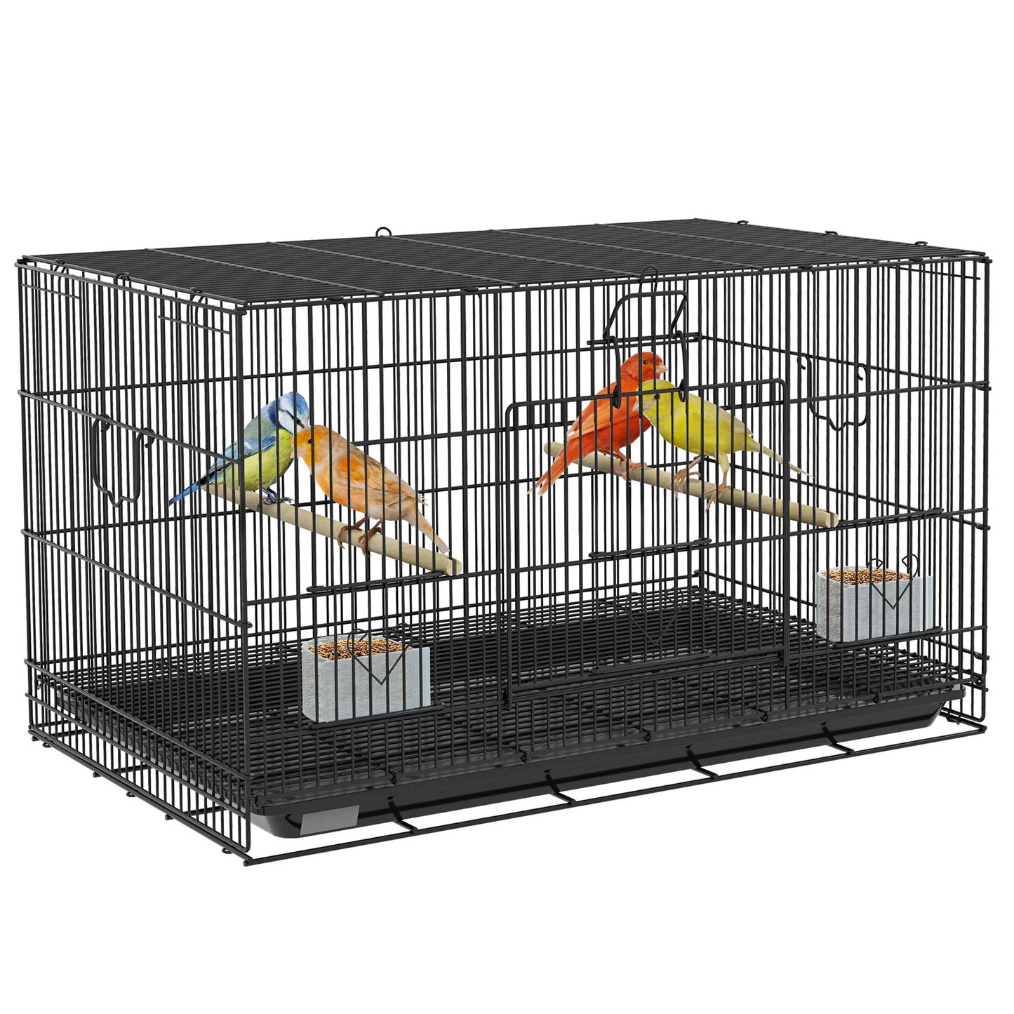 PawHut Birdcage metal bird cage with removable tray 2 hangers 2 feeders for Black Canary parakeets