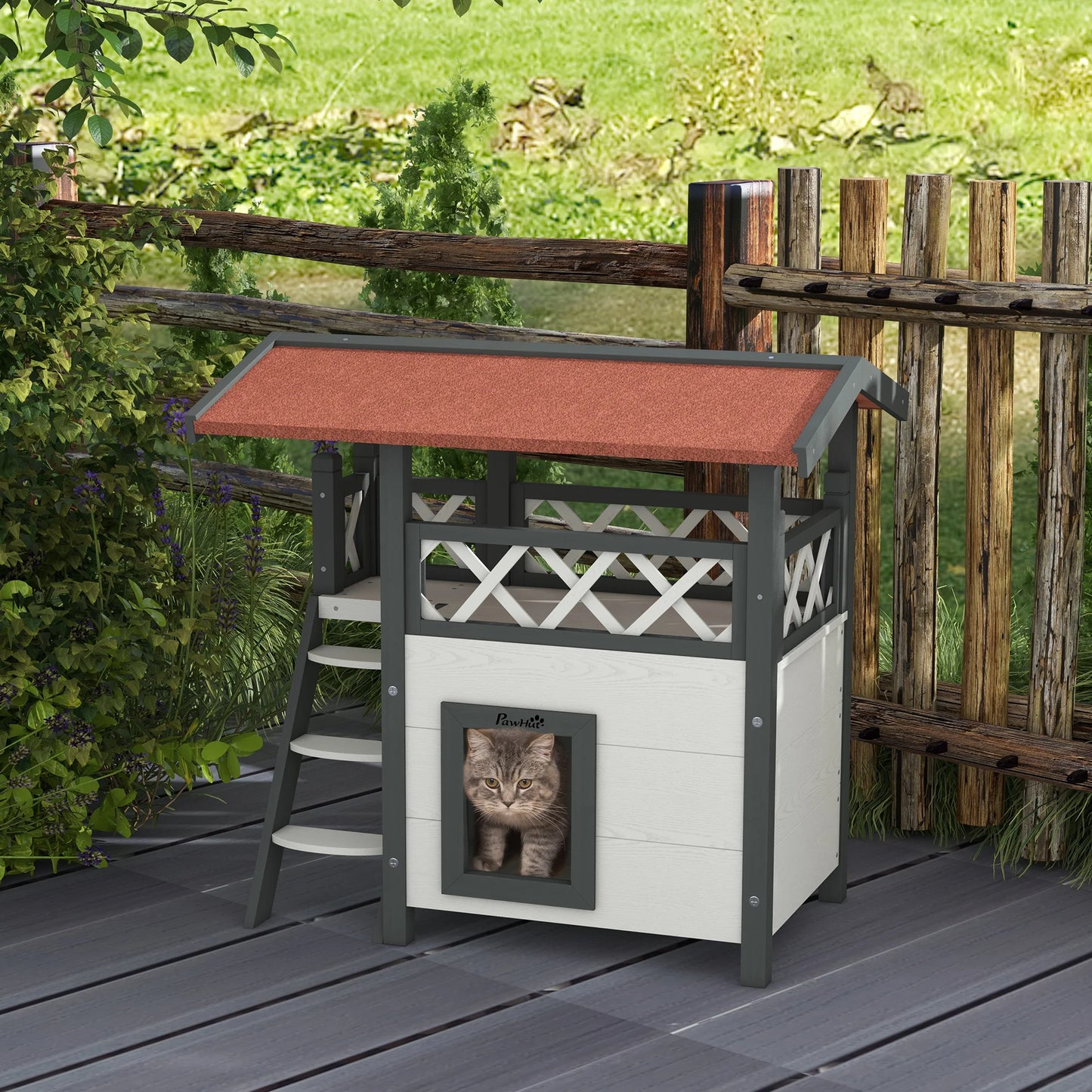 Casa para gatos de madera PawHut 77x50x73 cm con techo de asfalto Escalera blanca