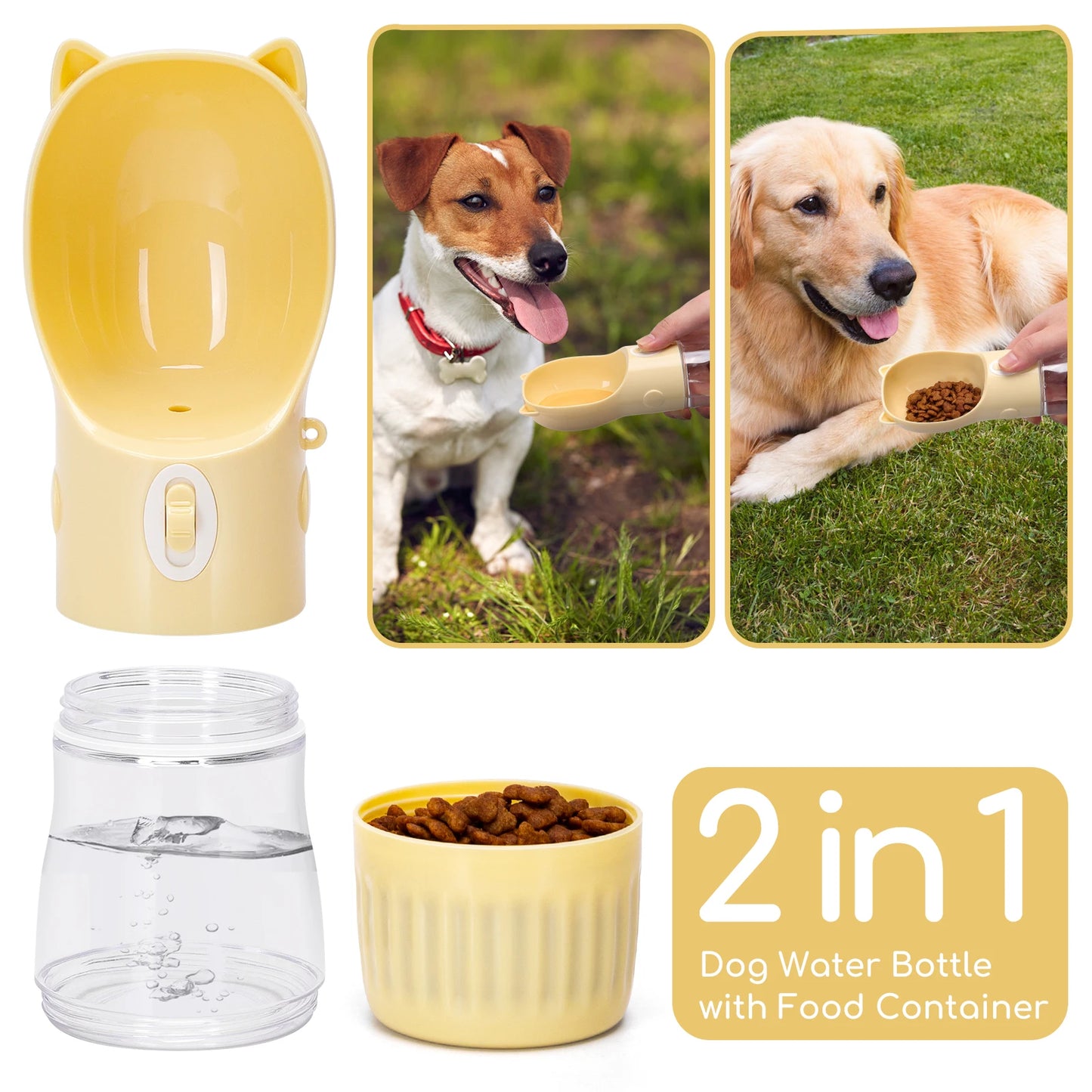 Botella de agua PET de 250 ml, bebedero portátil para perros con recipiente para comida de 180 g. Logrado