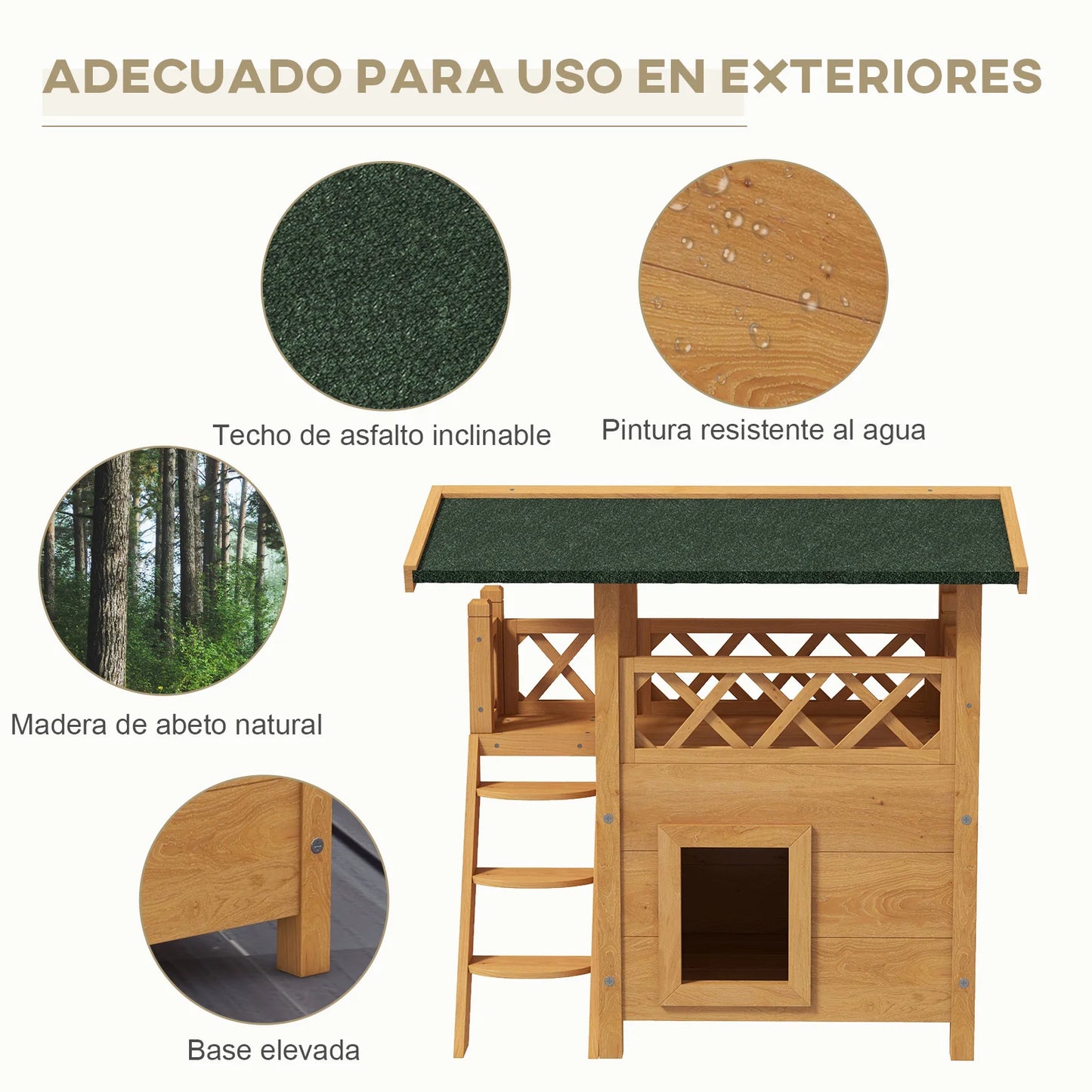 Casa para gatos de madera PawHut 77x50x73 cm con techo de asfalto Escalera natural
