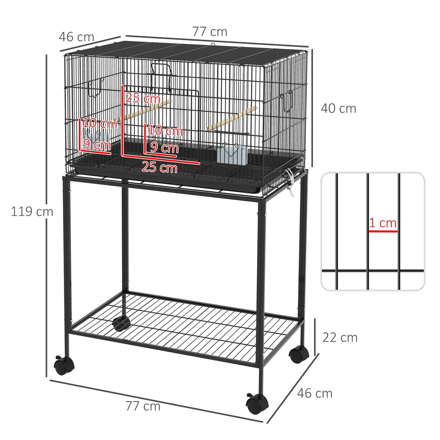 PawHut Birdcage metal bird cage with removable tray 2 hangers 2 feeders for Black Canary parakeets
