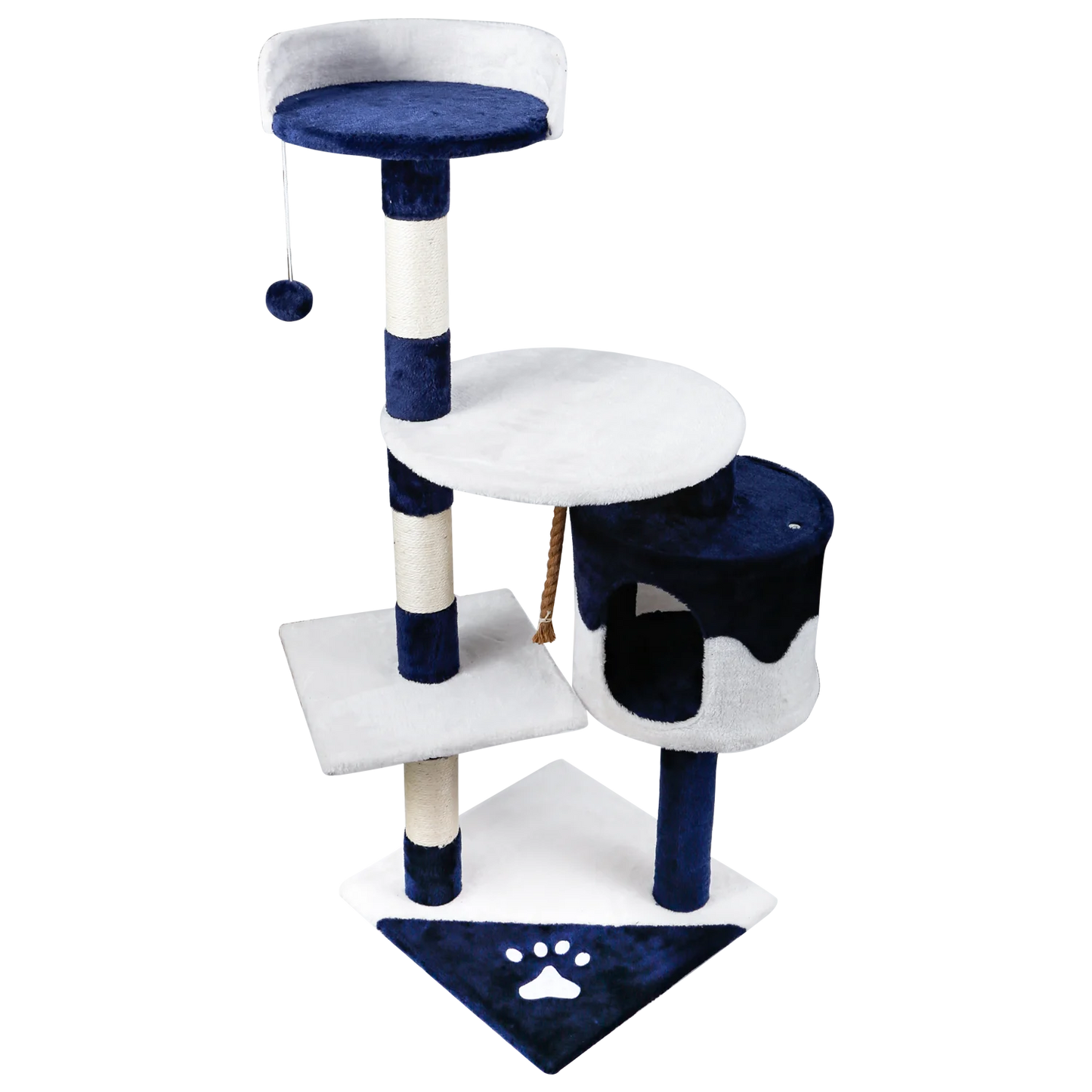 Rascador para gatos. Medidas: 60 x 56,5 x 111,5 cm. Color: blanco y azul.