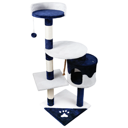 Rascador para gatos. Medidas: 60 x 56,5 x 111,5 cm. Color: blanco y azul.