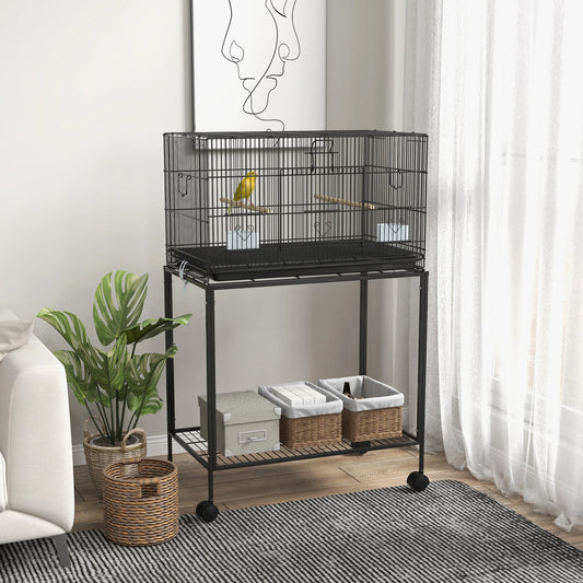 PawHut Birdcage metal bird cage with removable tray 2 hangers 2 feeders for Black Canary parakeets