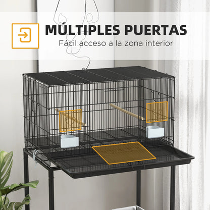 PawHut Birdcage metal bird cage with removable tray 2 hangers 2 feeders for Black Canary parakeets