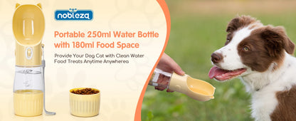Botella de agua PET de 250 ml, bebedero portátil para perros con recipiente para comida de 180 g. Logrado