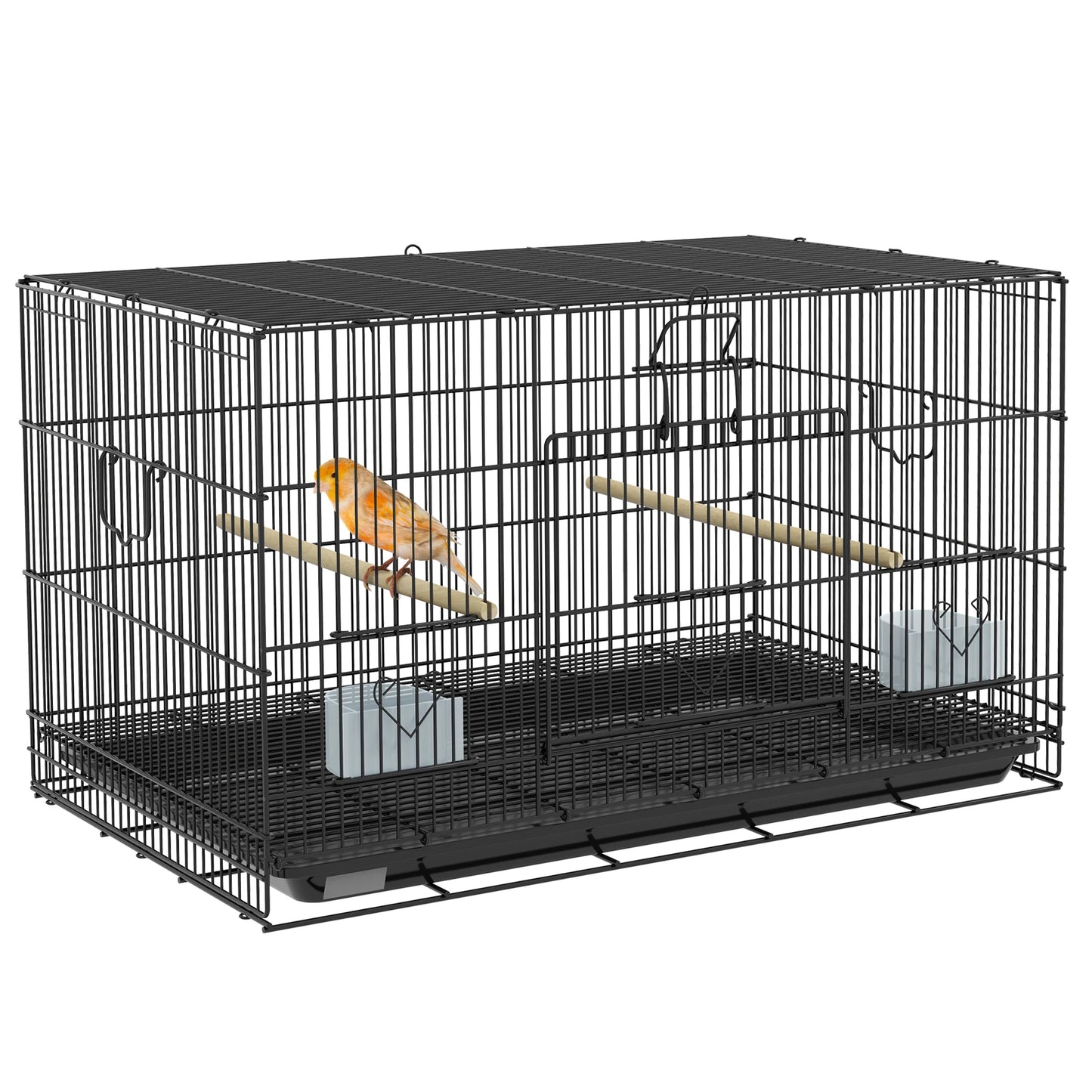PawHut Birdcage metal bird cage with removable tray 2 hangers 2 feeders for Black Canary parakeets