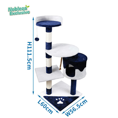 Rascador para gatos. Medidas: 60 x 56,5 x 111,5 cm. Color: blanco y azul.