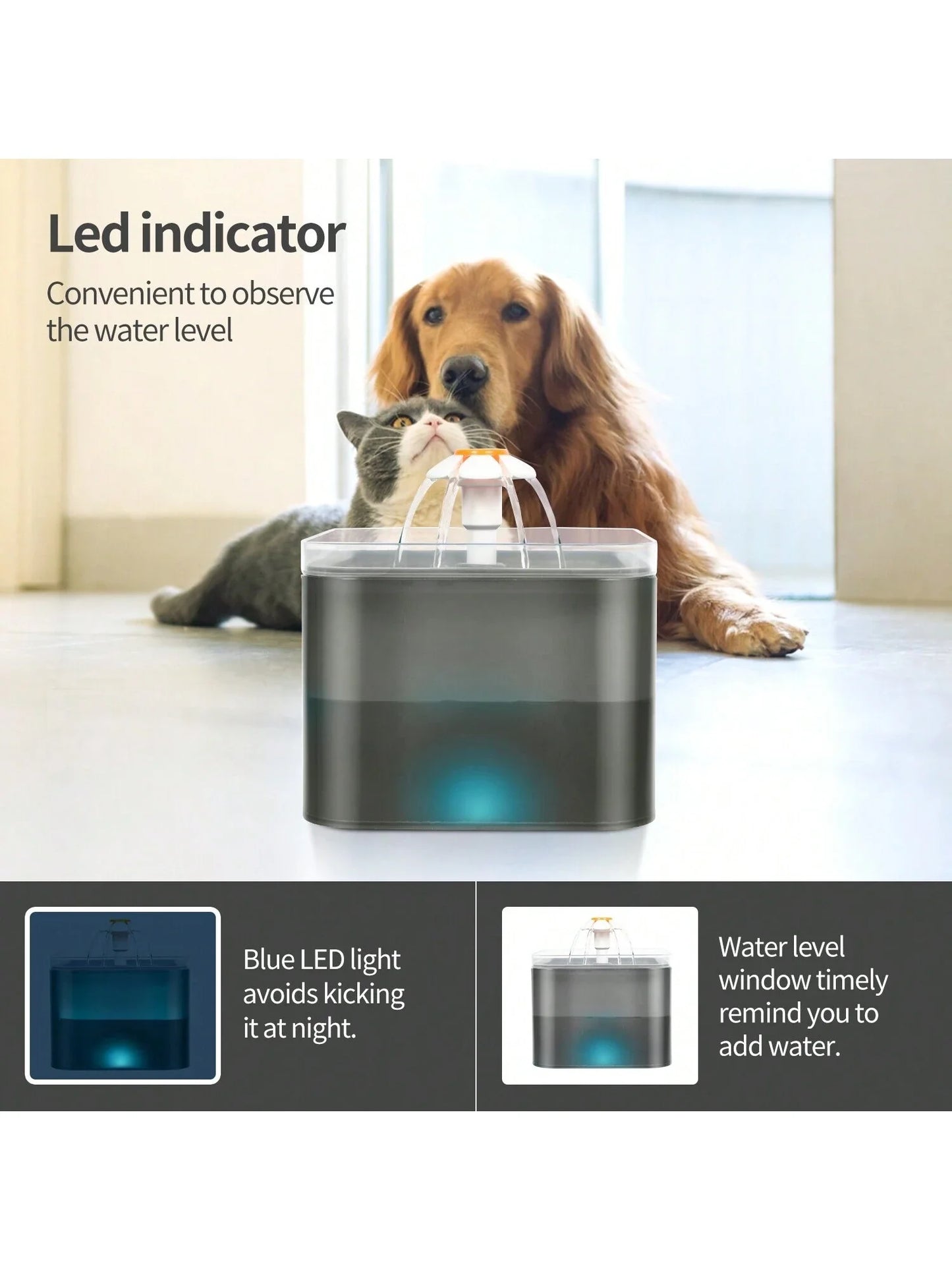 Fuente de agua para gatos LED ultra silenciosa de 2 l: filtrada, alimentada por USB, automática